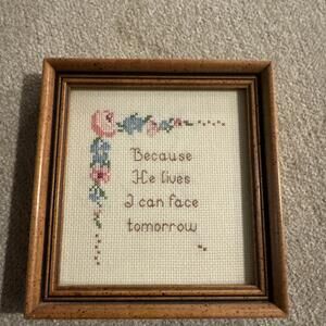 Vintage Cross Stitch Framed “Because He Lives”